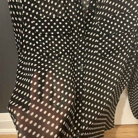 Black sheer button-up blouse with white polka dots. Two breast pockets.  S - Picture 2 of 3